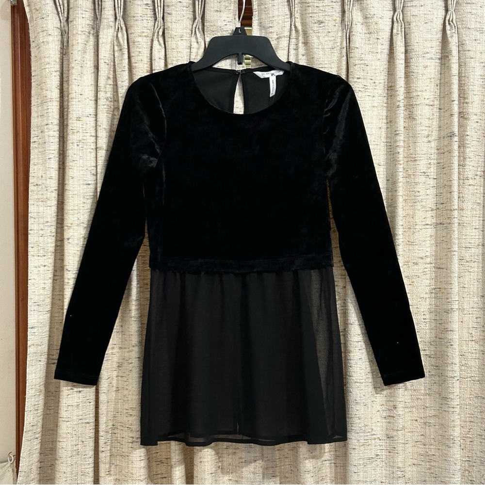 BCBGeneration Black Velveteen Sheer Peplum Blouse - XXS